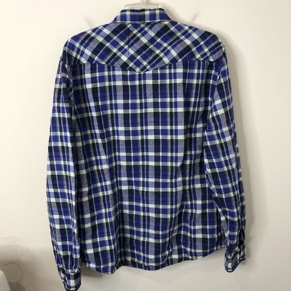 Guess Men's Western Slim Fit Blue Plaid Linen Blend Pearl Snap Shirt Size Large - Picture 6 of 6